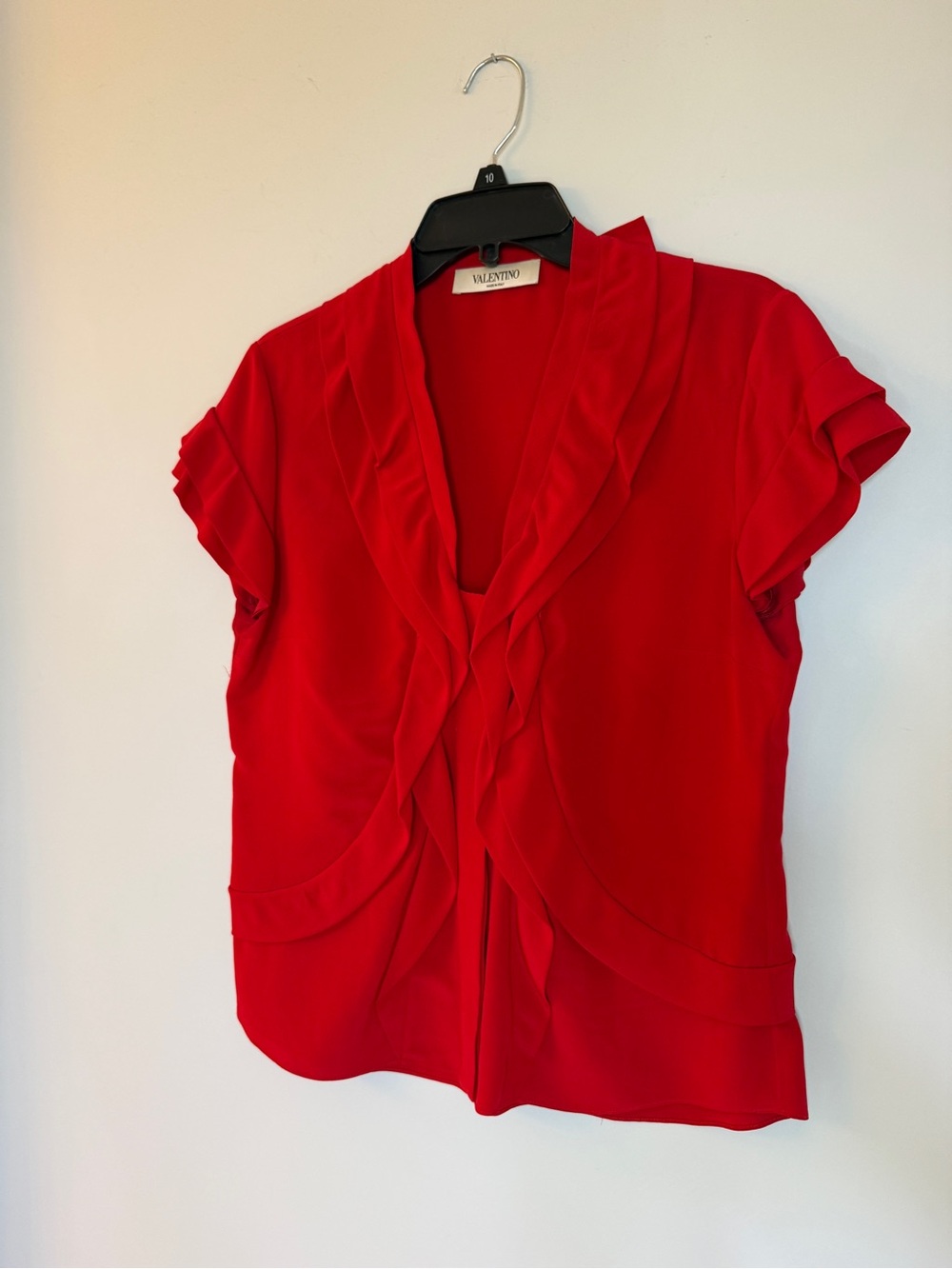 Valentino Red 100% Silk Ruffle Draped Blouse Top Made Italy Size 10